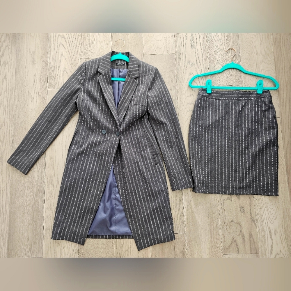Ladies Pinstripe Skirt Suit Set - Grey and White
